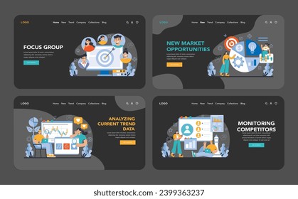 Trend watching dark or night mode web or landing set. Specialist tracking new business trends. Forecasting, data analysis and promotion strategy development. Flat vector illustration