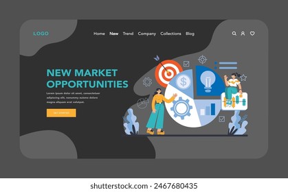 Trend watching dark or night mode web or landing. Specialist tracking new business trends. Forecasting, data analysis and promotion strategy development. Flat vector illustration
