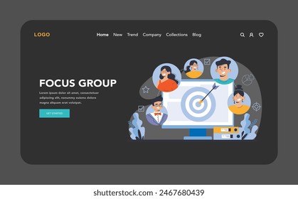 Trend watching dark or night mode web or landing. Specialist tracking new business trends. Forecasting, data analysis and promotion strategy development. Flat vector illustration