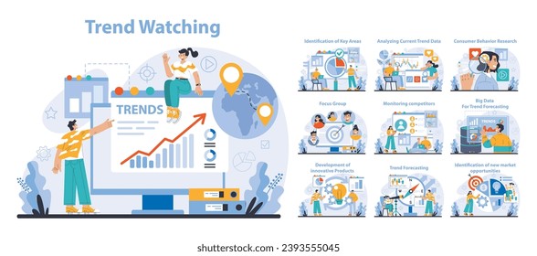 Fijación de tendencias. Especialista en seguimiento de nuevas tendencias comerciales. Previsión, análisis de datos y elaboración de estrategias de promoción. Ilustración vectorial plana