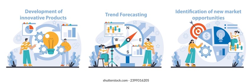 Trend watching set. Specialist tracking new business trends. Forecasting, data analysis and promotion strategy development. Flat vector illustration