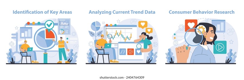 Trend watching set. Specialist tracking new business trends. Forecasting, data analysis and promotion strategy development. Flat vector illustration