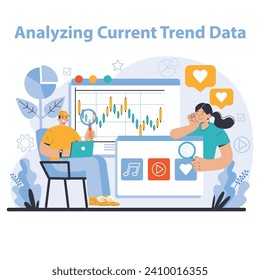 Trend watching. Specialist tracking new business trends. Forecasting, data analysis and promotion strategy development. Flat vector illustration