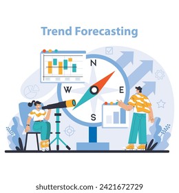 Mirando tendencias. Especialista en seguimiento de nuevas tendencias comerciales. Previsión, análisis de datos y elaboración de estrategias de promoción. Ilustración vectorial plana