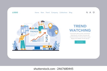 Trend watching web or landing. Specialist tracking new business trends. Forecasting, data analysis and promotion strategy development. Flat vector illustration