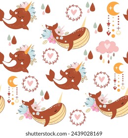 Trend whale, narwhal, flowers and moon. Doodle boho style. Design for kids. Vector illustration t-shirt print
