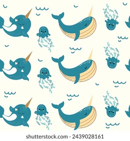 Trend whale, narwhal and jellyfish. Doodle boho style. Design for kids. Vector illustration t-shirt print