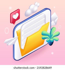 Trending 3D-Isometrie, Cartoon-Symbol. Dateiübertragungskonzept. Gelber Ordner mit Dokument auf Computerbildschirm. Vektorgrafik für die Website