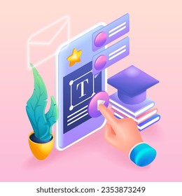 Trending 3D isometric cartoon icons. Colorful cartoon illustration. Mobile application for reading books and learning. Online education. Vector icons for a website
