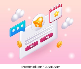 Trending 3D Isometric, cartoon illustration. Email marketing, online advertising concept. Notifications. Vector icons for website.