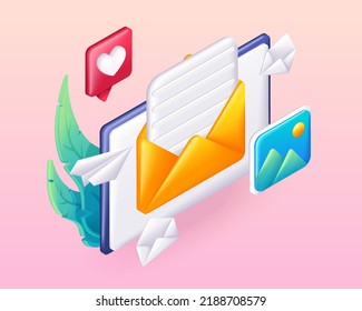 Trending 3D Isometric, cartoon illustration. Concept of online marketing and business. Open envelope with letter on tablet. Sign up to mailing list. Vector icons.