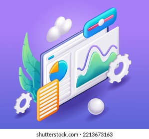 Trending 3D Isometric, cartoon illustration. Concept of process optimization. Business improvement , development, project planning, effective teamwork. Vector icons for website.