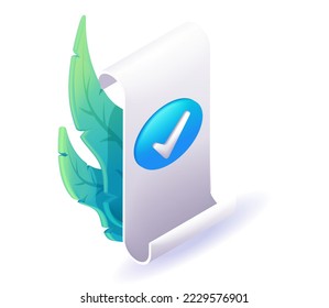 Trending 3D Isometric, cartoon illustration. Approval icon, document accredited, authorized agreement, accreditation symbol with checkmark. Vector icons for website.