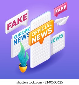 Trending 3D Isometric. Colorful cartoon illustration. Official news. Fakes, false information. Prohibition of freedom of speech. Conflict countries. Hiding information. Vector icons for website