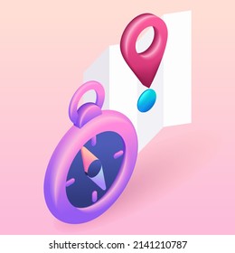 Trending 3D Isometric Illustration. Compass indicates the direction path on the map, navigation. 3D web vector illustrations.