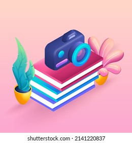 Trending 3D Isometric Illustration. Stack of books, literature for the photographer. Cartoon 3D icons of books, camera and flowers. Web vector icons.