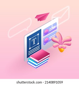 Trending 3D Isometric for website. Colorful cartoon illustration. Mobile app for reading books and editing text files. Vector icons.