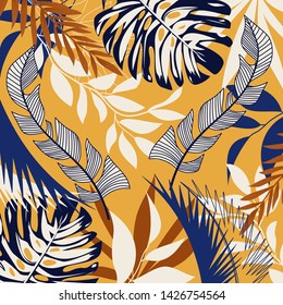 Trending abstract background with bright tropical leaves and plants on yellow background. Vector design. Jungle print. Floral background. Printing and textiles. Exotic tropics. Summer design.