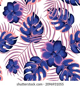 Trending abstract fashionable seamless pattern with colorful tropical leaves and plants on white background. Vector design. Jungle print. Floral background. Printing and textiles. Exotic Summer print