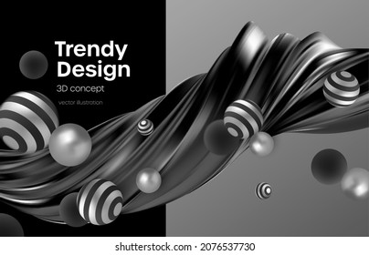 Trending abstract modern background with black and silver spheres and an organic wave shape. Geometric abstract background. Vector illustration EPS10