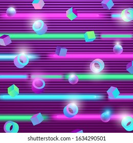 Trending abstract neon background with circles and cylinders. Glowing futuristic pattern. Design element template