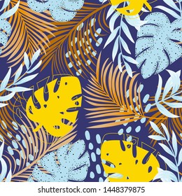 Trending abstract seamless pattern with colorful tropical leaves and plants on purple background. Vector design. Jungle print. Floral background. Printing and textiles. Exotic tropics. Fresh design.