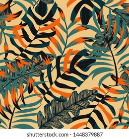 Trending abstract seamless pattern with colorful tropical leaves and plants on yellow background. Vector design. Jungle print. Floral background. Printing and textiles. Exotic tropics. Fresh design.