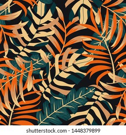 Trending abstract seamless pattern with colorful tropical leaves and plants on a dark background. Vector design. Jungle print. Floral background. Printing and textiles. Exotic tropics. Fresh design.