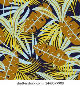 Trending abstract seamless pattern with colorful tropical leaves and plants on purple background. Vector design. Jungle print. Floral background. Printing and textiles. Exotic tropics. Fresh design.