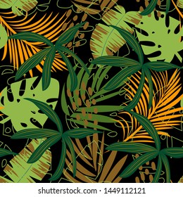 Trending abstract seamless pattern with colorful tropical leaves and plants on black background. Vector design. Jungle print. Floral background. Printing and textiles. Exotic tropics. Fresh design.