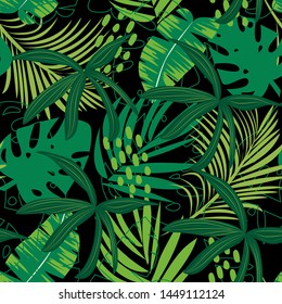 Trending abstract seamless pattern with colorful tropical leaves and plants on a dark background. Vector design. Jungle print. Floral background. Printing and textiles. Exotic tropics. Fresh design.