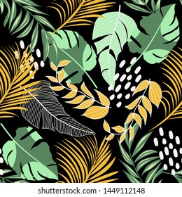 Trending abstract seamless pattern with colorful tropical leaves and plants on a dark background. Vector design. Jungle print. Floral background. Printing and textiles. Exotic tropics. Fresh design.