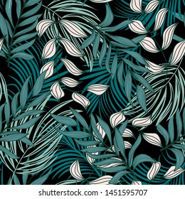 Trending abstract seamless pattern with colorful tropical leaves and plants on black background. Vector design. Jungle print. Flowers background. Printing and textiles. Exotic tropics. Fresh design.