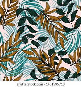 Trending abstract seamless pattern with colorful tropical leaves and plants on white background. Vector design. Jungle print. Flowers background. Printing and textiles. Exotic tropics. Fresh design.