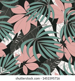 Trending abstract seamless pattern with colorful tropical leaves and plants on brown background. Vector design. Jungle print. Flowers background. Printing and textiles. Exotic tropics. Fresh design.