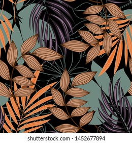 Trending abstract seamless pattern with colorful tropical leaves and plants on black background. Vector design. Jungle print. Floral background. Printing and textiles. Exotic tropics. Fresh design.