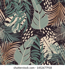 Trending abstract seamless pattern with colorful tropical leaves and plants on a dark background. Vector design. Jungle print. Floral background. Printing and textiles. Exotic tropics. Fresh design.