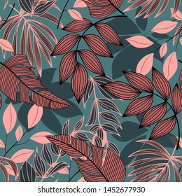 Trending abstract seamless pattern with colorful tropical leaves and plants on blue background. Vector design. Jungle print. Floral background. Printing and textiles. Exotic tropics. Fresh design.