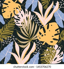 Trending abstract seamless pattern with colorful tropical leaves and plants on green background. Vector design. Jungle print. Floral background. Printing and textiles. Exotic tropics. Fresh design.