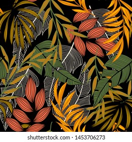 Trending abstract seamless pattern with colorful tropical leaves and plants on black background. Vector design. Jungle print. Floral background. Printing and textiles. Exotic tropics. Fresh design.