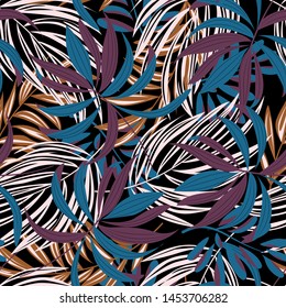 Trending abstract seamless pattern with colorful tropical leaves and plants on black background. Vector design. Jungle print. Floral background. Printing and textiles. Exotic tropics. Fresh design.