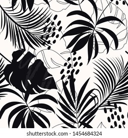 Trending abstract seamless pattern with colorful tropical leaves and plants on white background. Vector design. Jungle print. Flowers background. Printing and textiles. Exotic tropics. Fresh design.