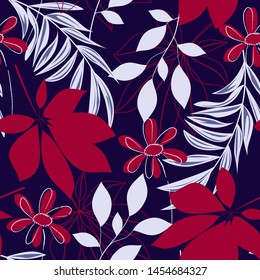 Tendencia de un patrón abstracto sin fisuras con coloridas hojas tropicales y plantas sobre fondo azul. Diseño de vectores. Impresión de selva. Fondo de flores. Impresión y textiles. Tropos exóticos. Diseño fresco.