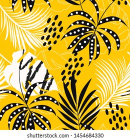 Trending abstract seamless pattern with colorful tropical leaves and plants on yellow background. Vector design. Jungle print. Flowers background. Printing and textiles. Exotic tropics. Fresh design.