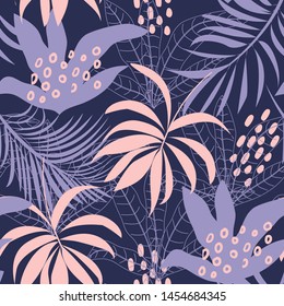 Trending abstract seamless pattern with colorful tropical leaves and plants on a dark background. Vector design. Jungle print. Flowers background. Printing and textiles. Exotic tropics. Fresh design.