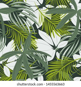 Trending abstract seamless pattern with colorful tropical leaves and plants on green background. Vector design. Jungle print. Floral background. Printing and textiles. Exotic tropics. Fresh design.