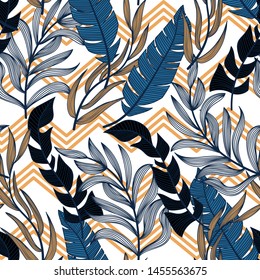 Trending abstract seamless pattern with colorful tropical leaves and plants on white background. Vector design. Jungle print. Floral background. Printing and textiles. Exotic tropics. Fresh design.