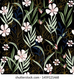 Trending abstract seamless pattern with colorful tropical leaves and plants on black background. Vector design. Jungle print. Flowers background. Printing and textiles. Exotic tropics. Fresh design.