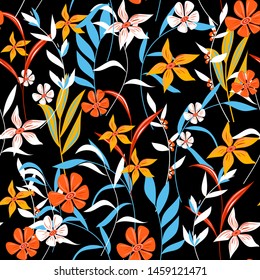 Trending abstract seamless pattern with colorful tropical leaves and plants on a dark background. Vector design. Jungle print. Flowers background. Printing and textiles. Exotic tropics. Fresh design.