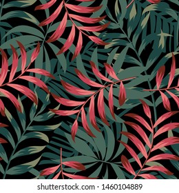 Trending abstract seamless pattern with colorful tropical leaves and plants on black background. Vector design. Jungle print. Flowers background. Printing and textiles. Exotic tropics. Fresh design.